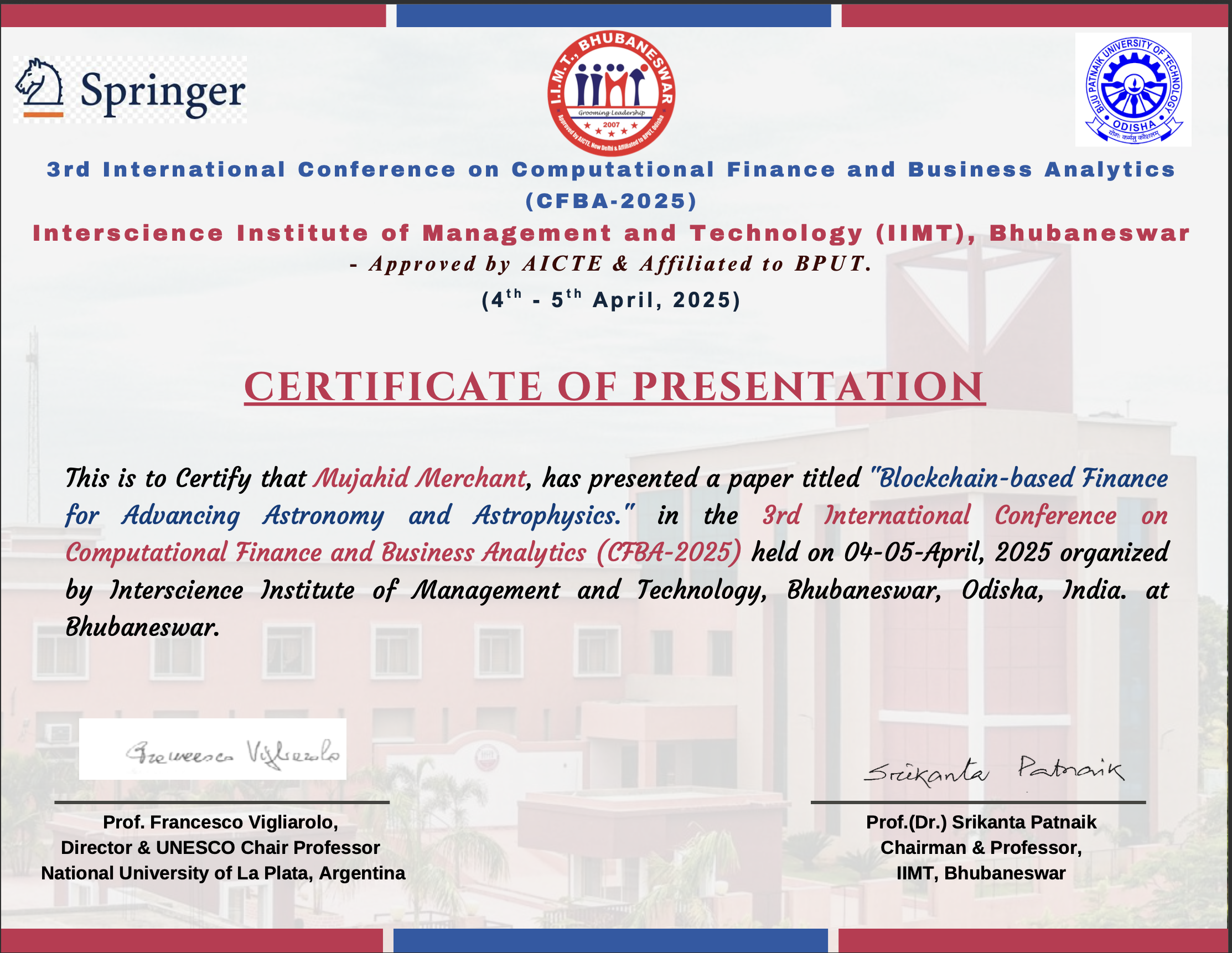 CFBA 2025 Certificate of Presentation