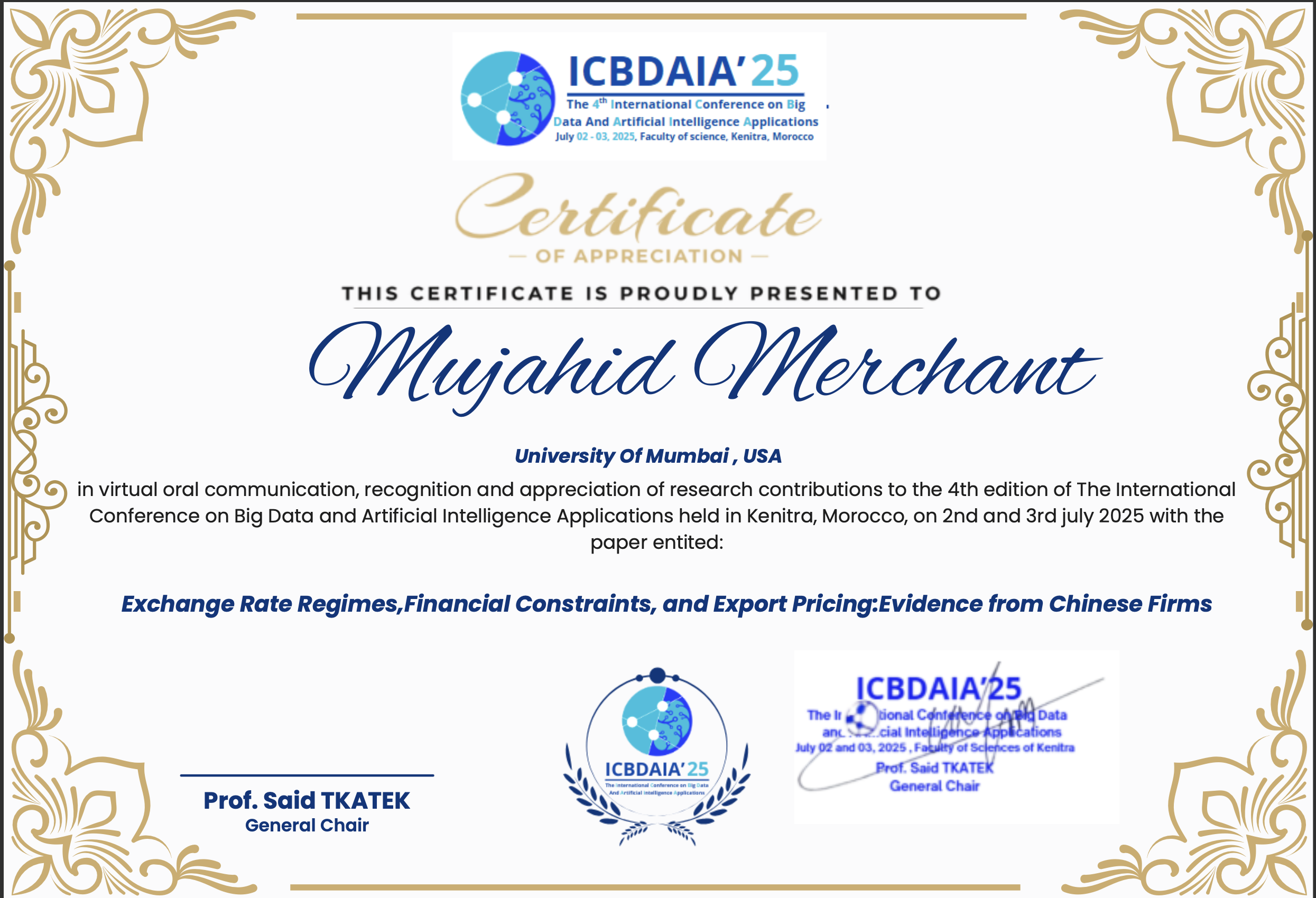 ICBDAIA 2025 Certificate of Appreciation Paper 2