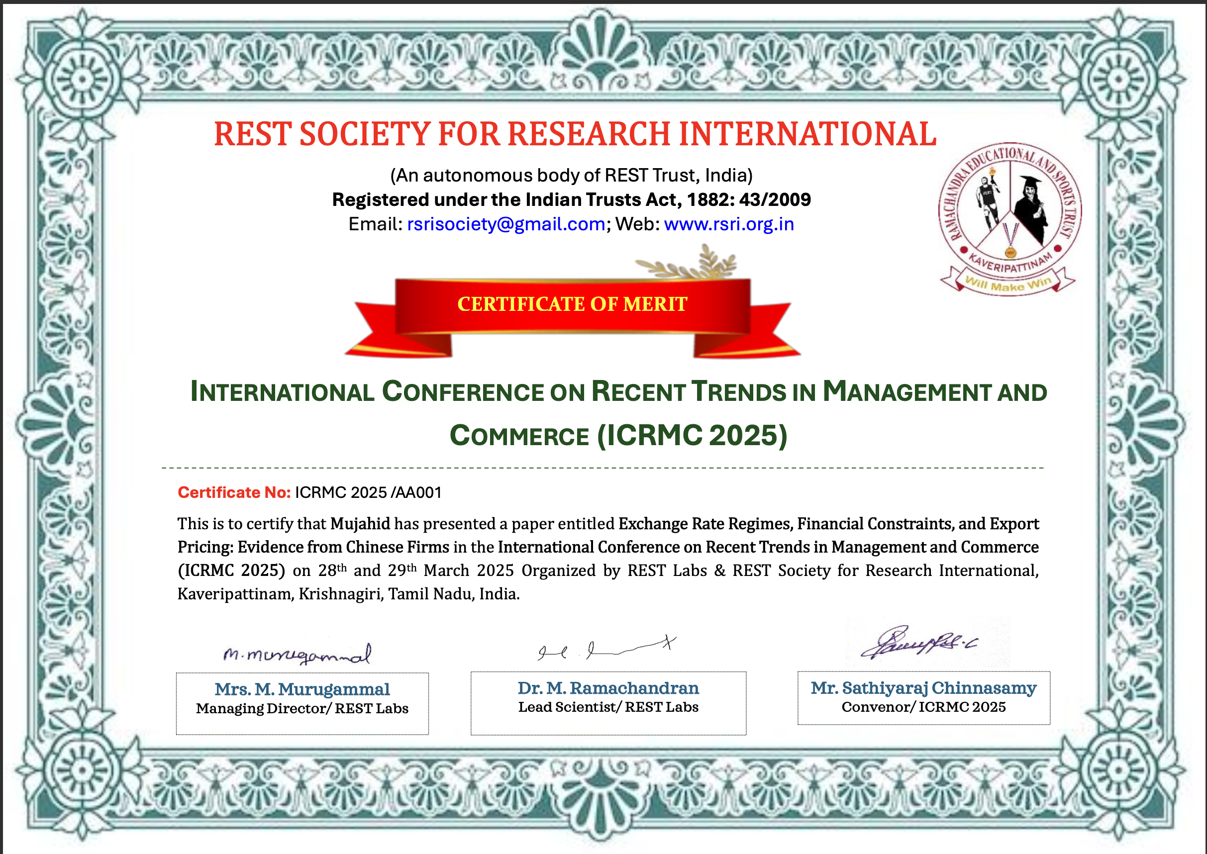 ICRMC 2025 Certificate of Merit