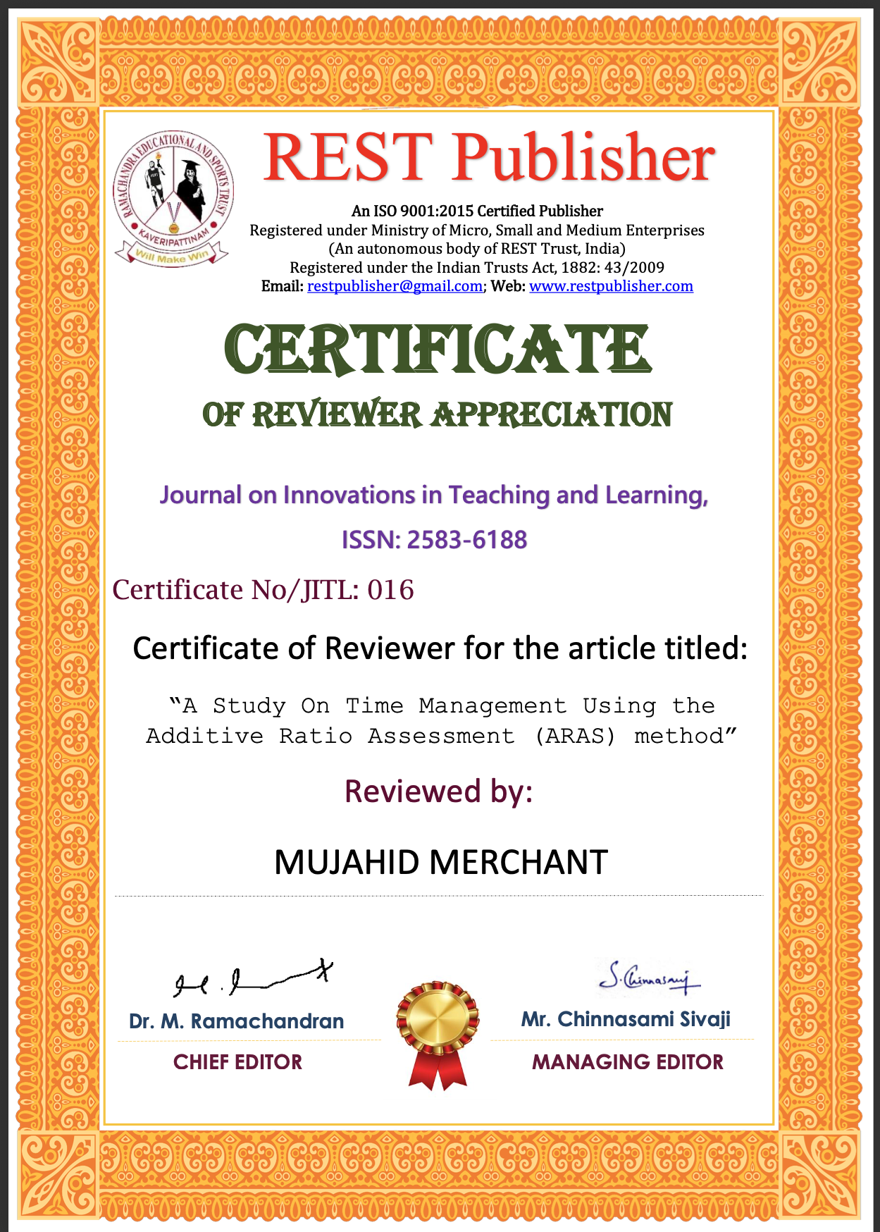 Reviewer Appreciation Certificate